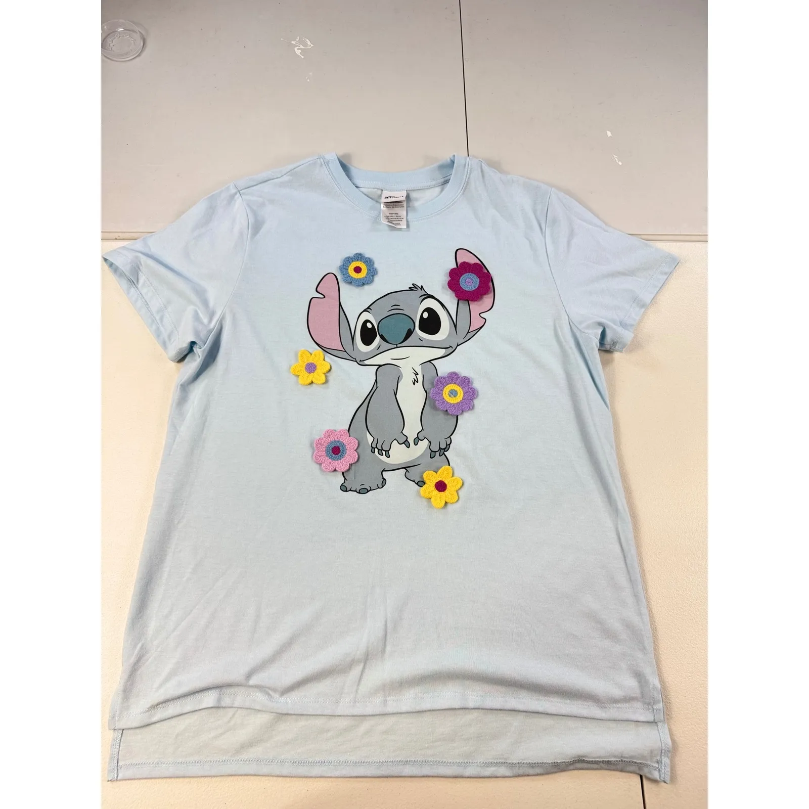 Disney Stitch Flower T-Shirt Womens Blue Graphic Crew Neck Short Sleeve - Image 3