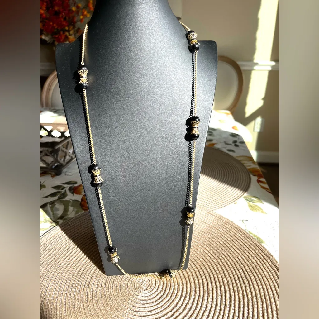 Liz Claiborne Gold and Black Beaded Necklace Stations with Gold Filigree - Image 3