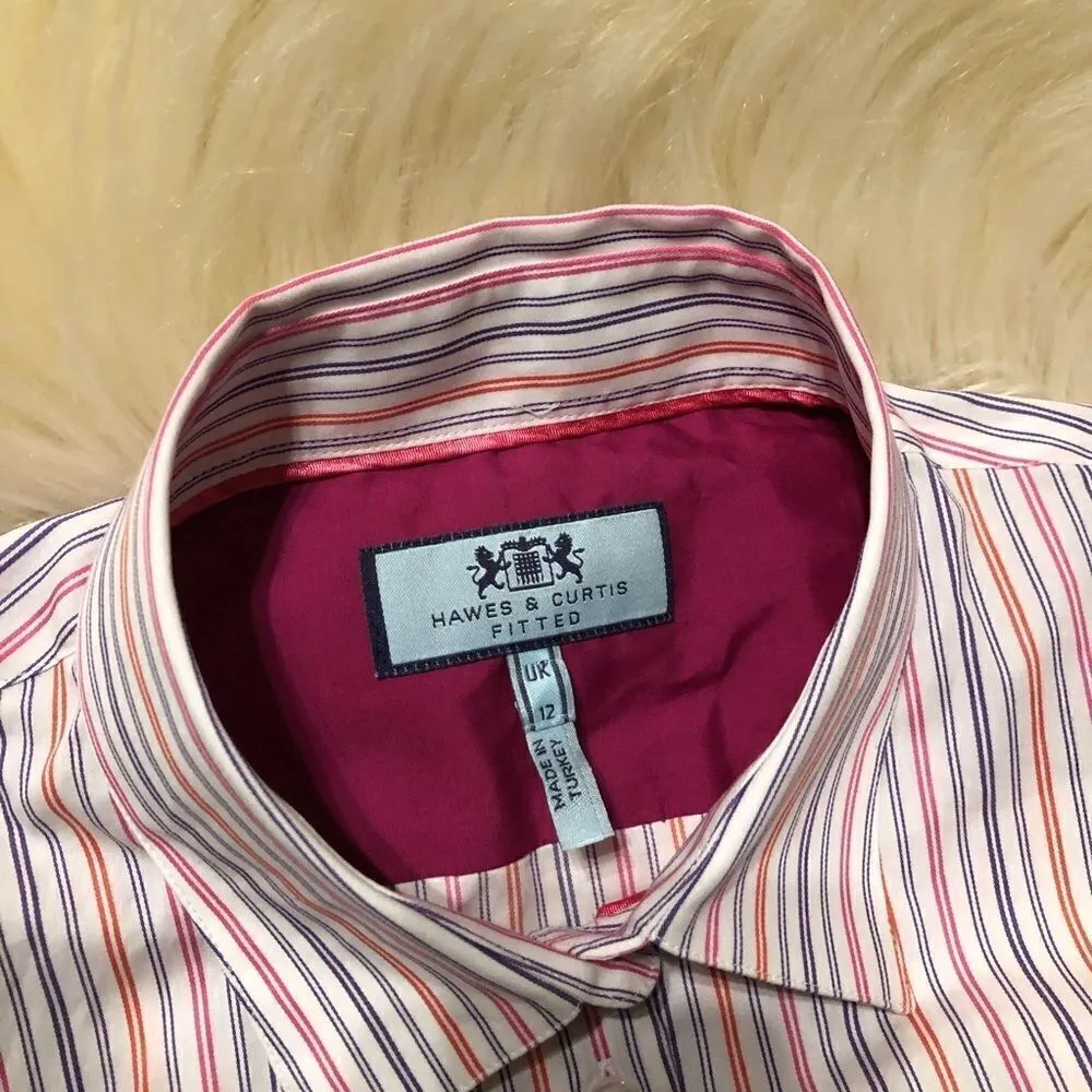 Hawes & Curtis pink/fushia/purple fitted pinstriped button up sz 6 Pink - Image 2