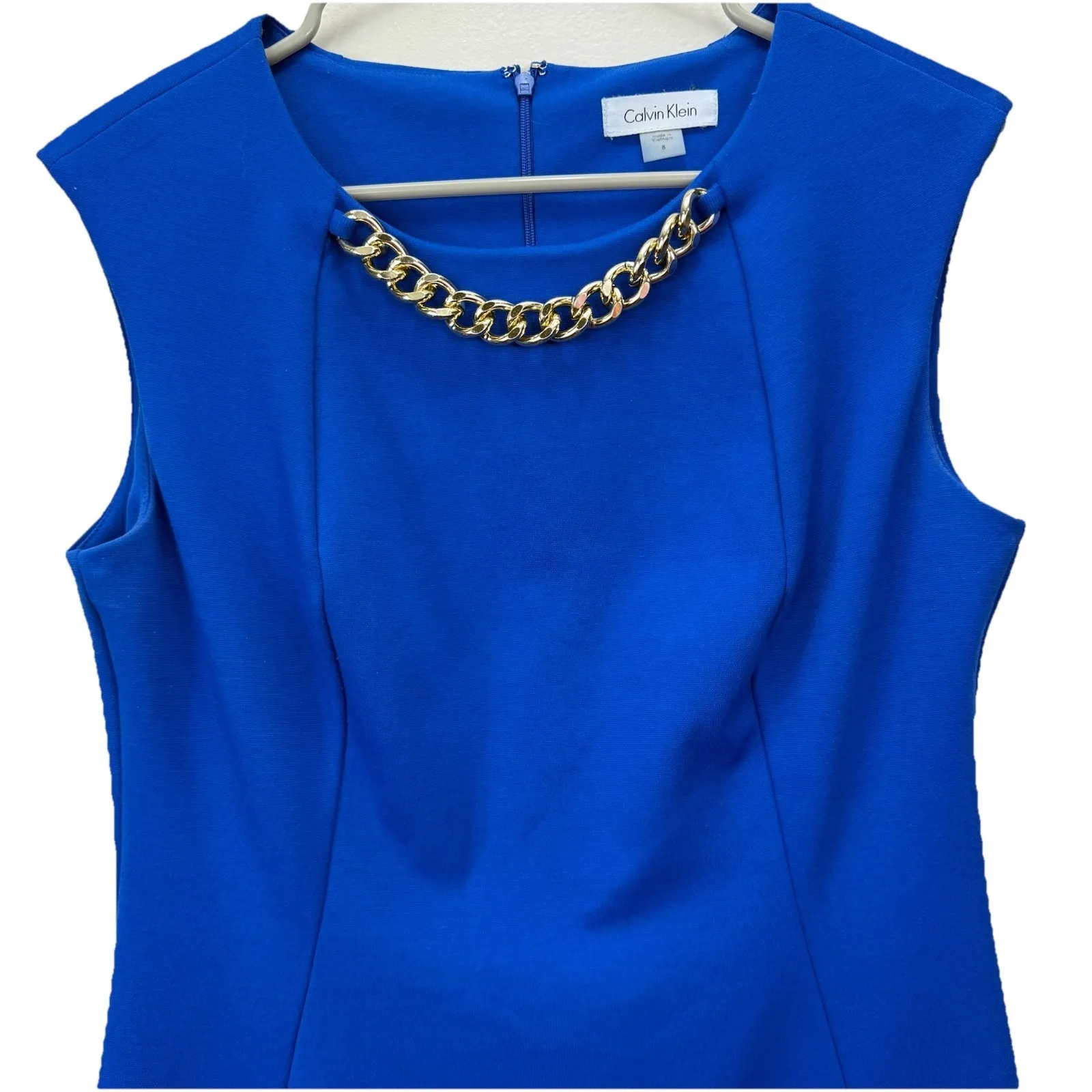 Calvin Klein Royal Blue Gold Chain Necklace Sleeveless Ponte Sheath Dress Size 8 - Image 7