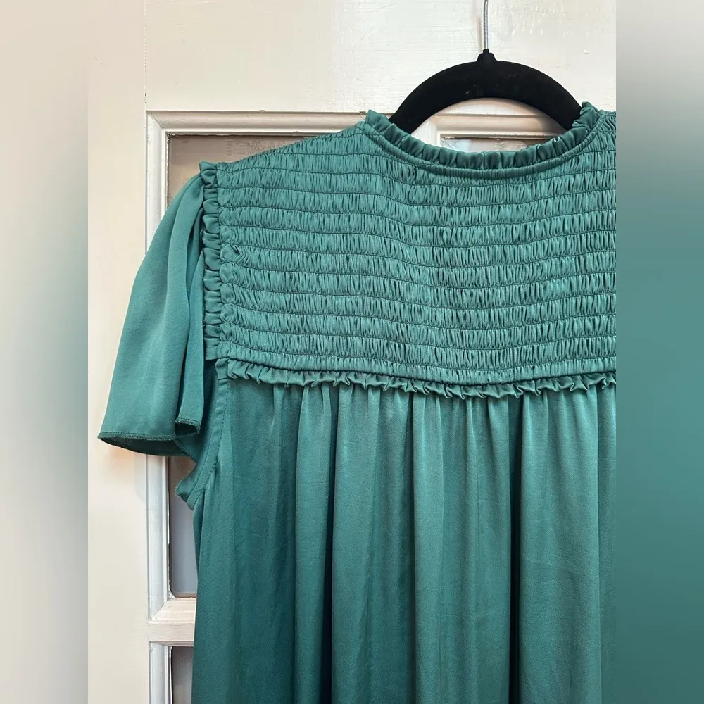 Margaret O' Leary Teal Smocked Yoke Dress Ruffle Hem Size Small S - Image 4