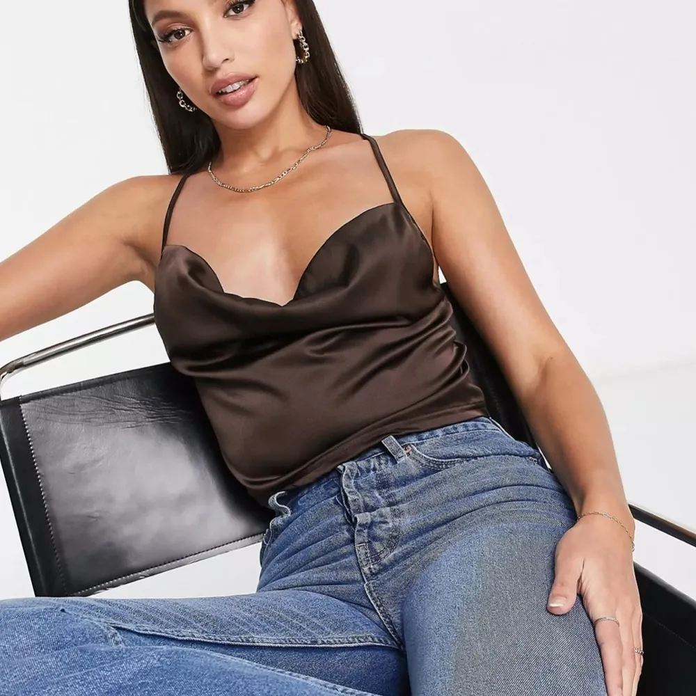 New Parisian satin cami strap top with cowl neck in chocolate‎ brown - Image 3