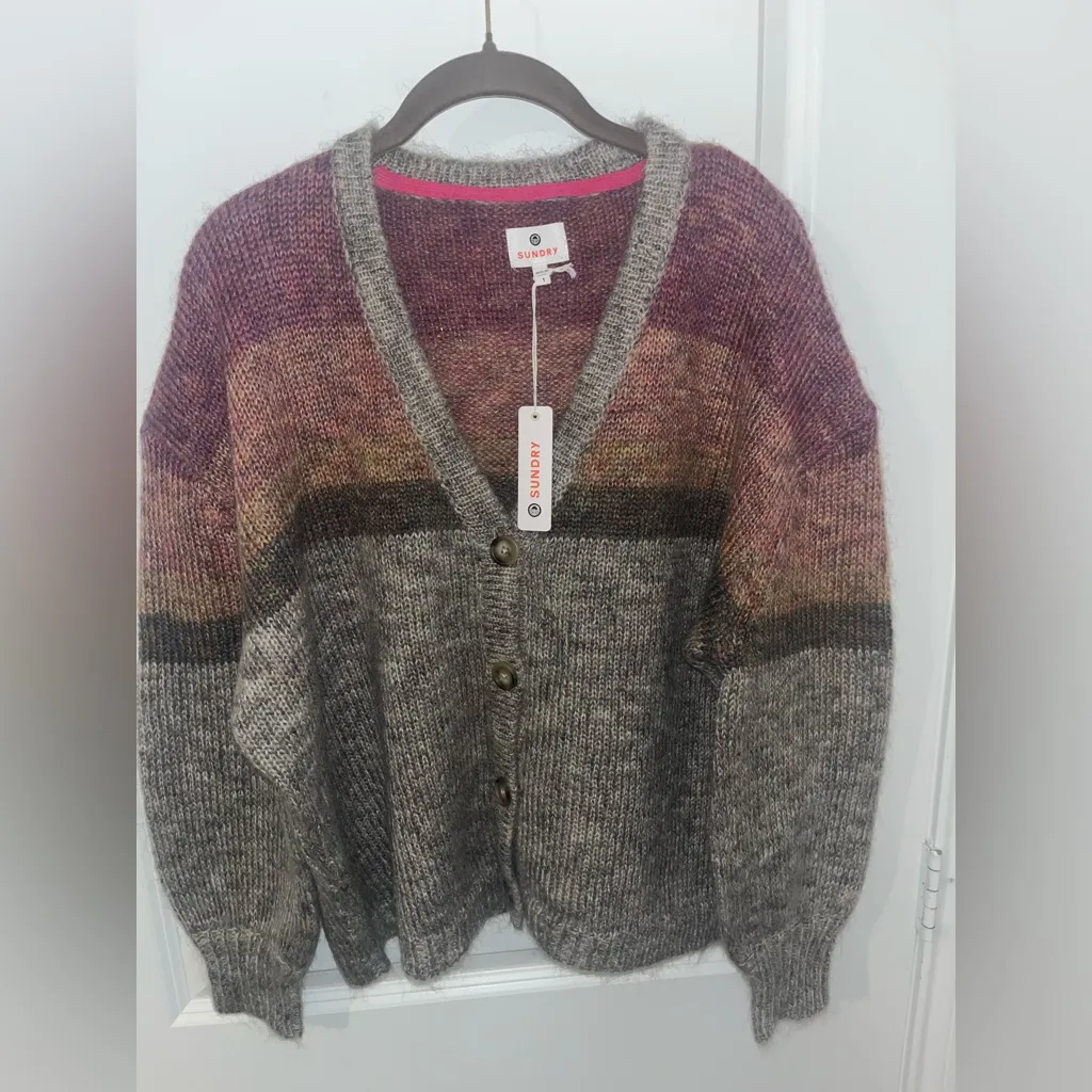 Sundry NWT V Neck Button Cardigan Sweater Color Block Muted Earth Tones Mohair S - Image 5