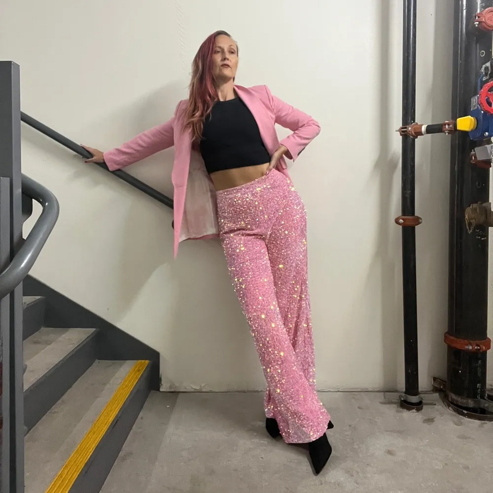 NWOT pink sequin glitter wide leg pants - Image 5