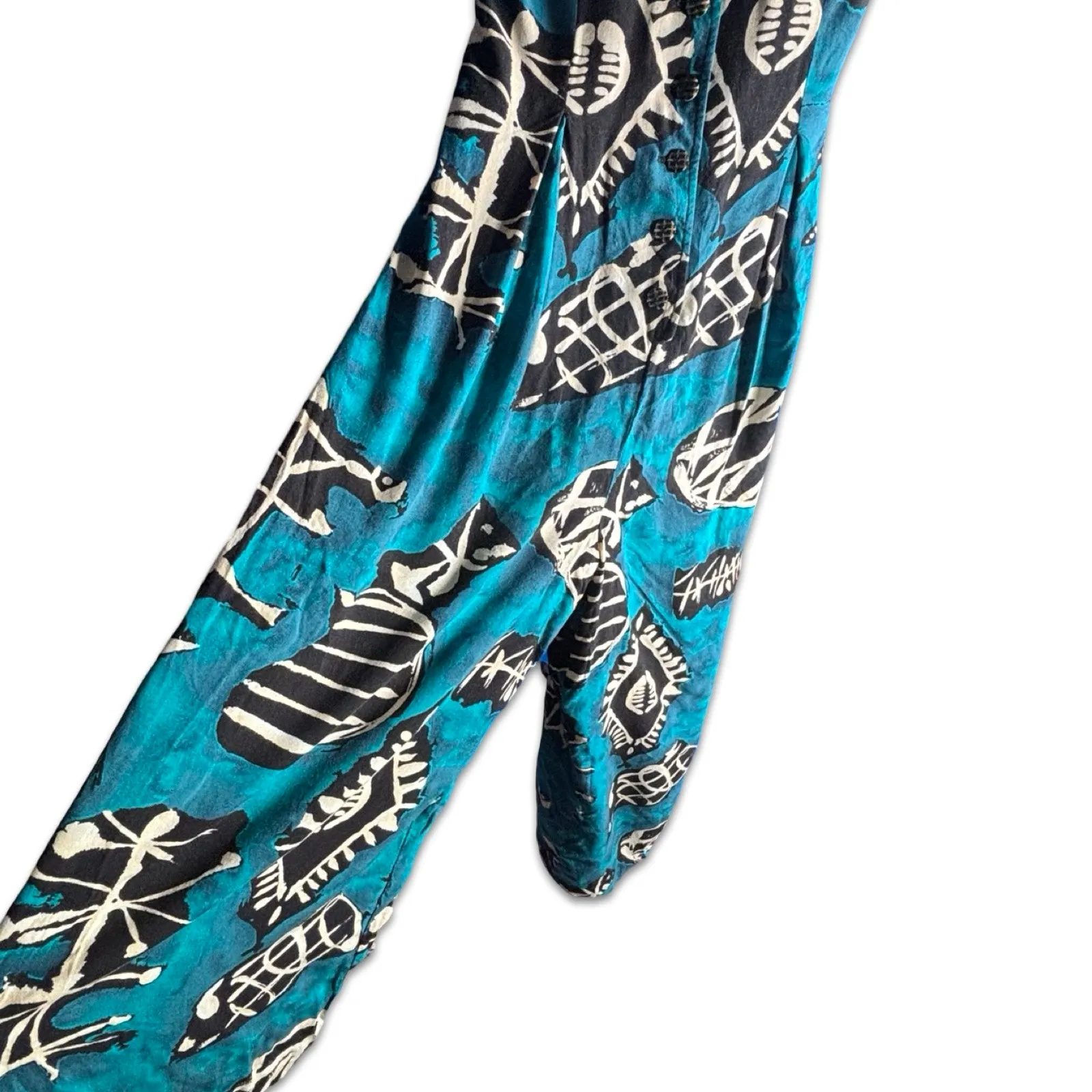Vintage All That Jazz Abstract Jumpsuit Teal Blue Black Wide Leg Open Tie Back - Image 8