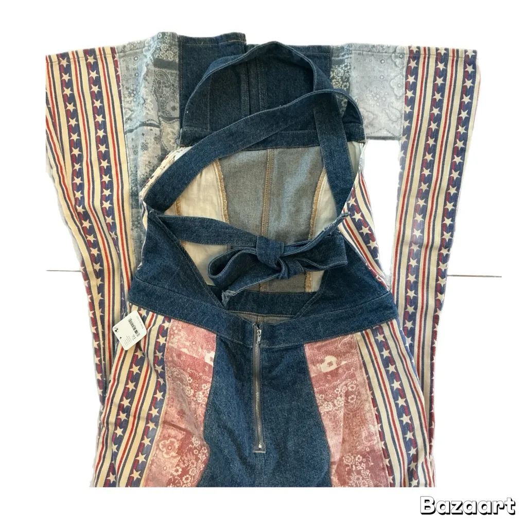 NEW FREE PEOPLE DALLAS FLAG PRINT DENIM JEANS JUMPSUIT FLARE OVERALLS - Image 4