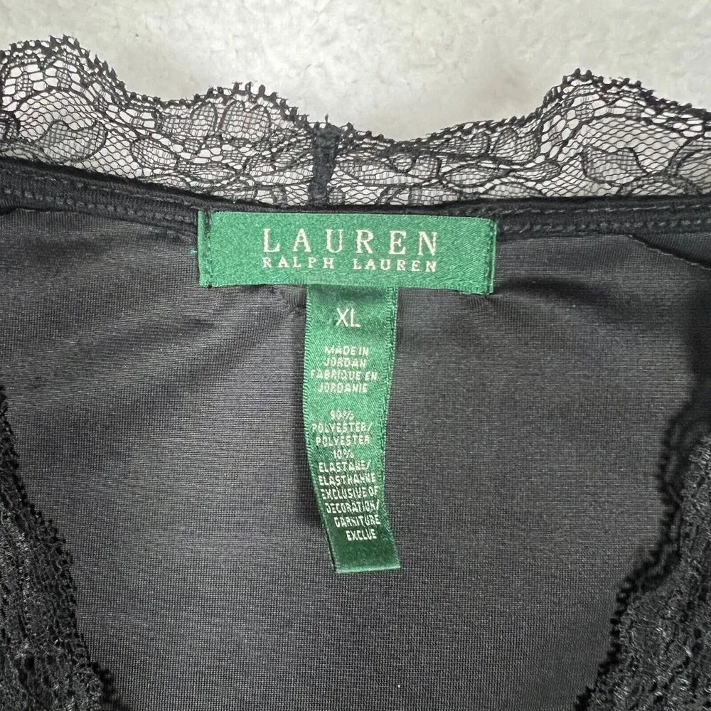 Lauren Ralph Lauren Womens Black Velvet Velour Top XL Lace Trim Whimsigoth Vamp - Image 2