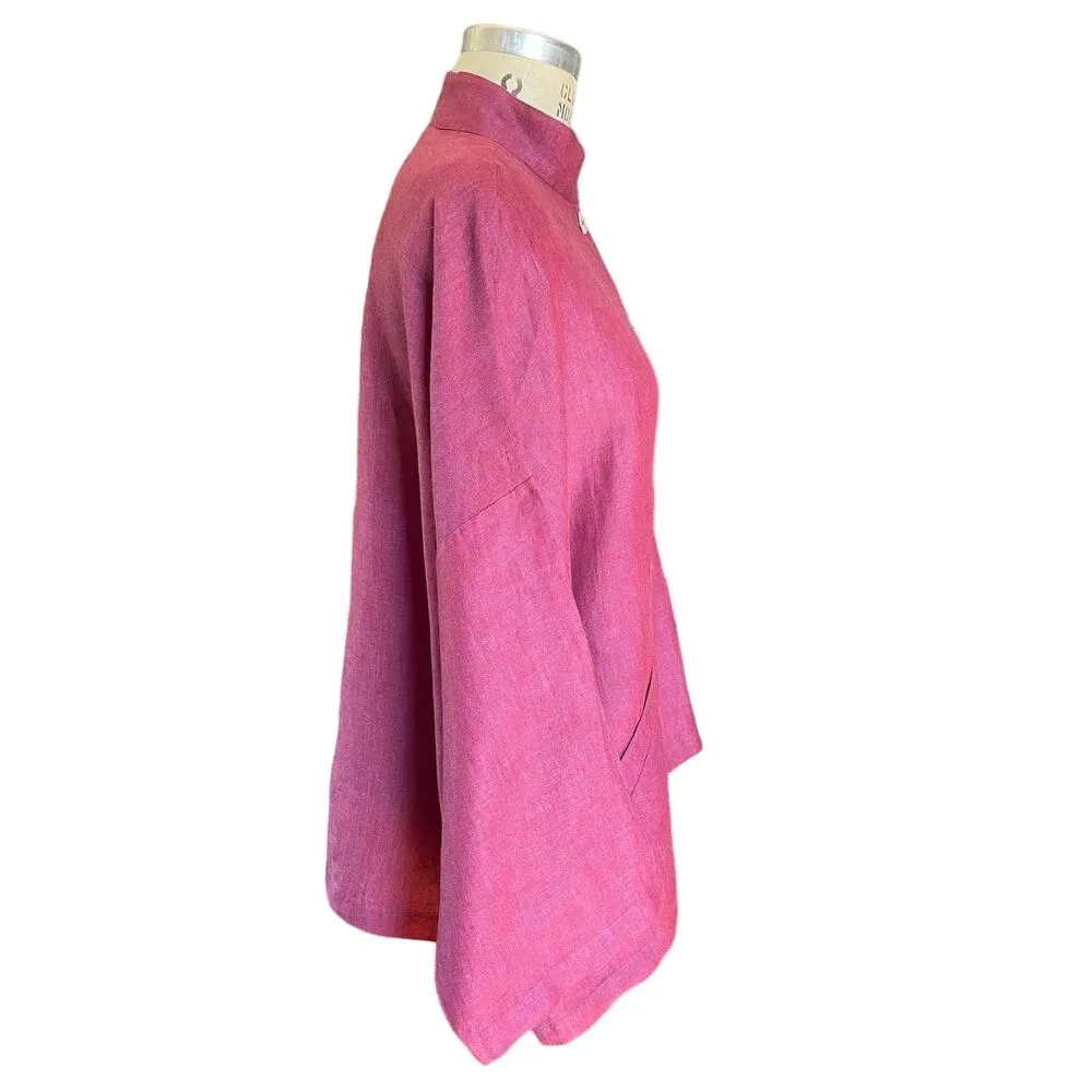 bryn WALKER 100% Linen Magenta Pink Relaxed Fit Standup Collar Blouse Size Small - Image 3