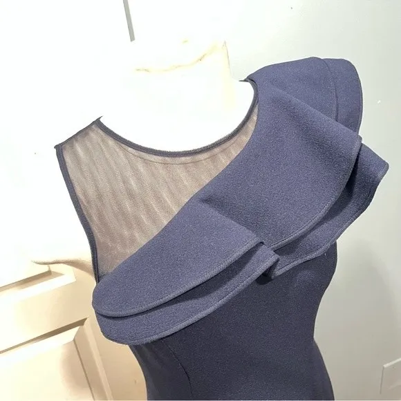 Eliza J. Navy Blue One Shoulder Illusion Ruffle Mermaid Gown Size 6 - Image 5
