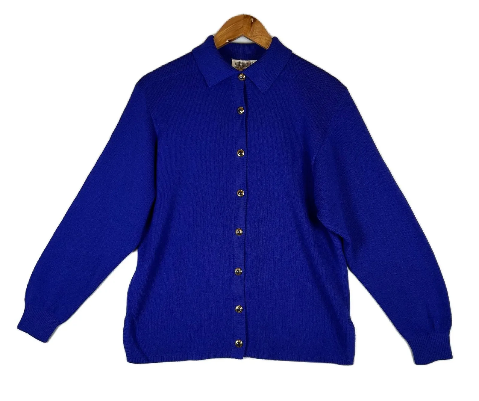 St John by Marie Gray Knit Button Up Collared Cardigan Sweater Blue Size 10 Vtg - Image 1