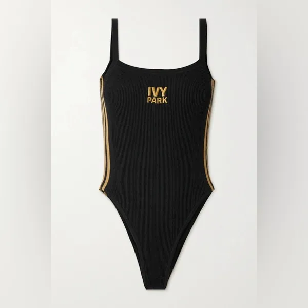 IVY PARK EMBROIDERED RIBBED STRETCH-JERSEY BODYSUIT IN BLACK & GOLD - Image 6