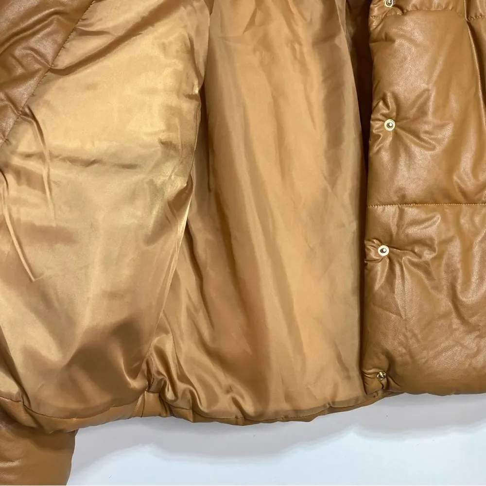 Lioness Small Talk Faux Leather Puffer Coat Funnel Neck Camel XXS - Image 8