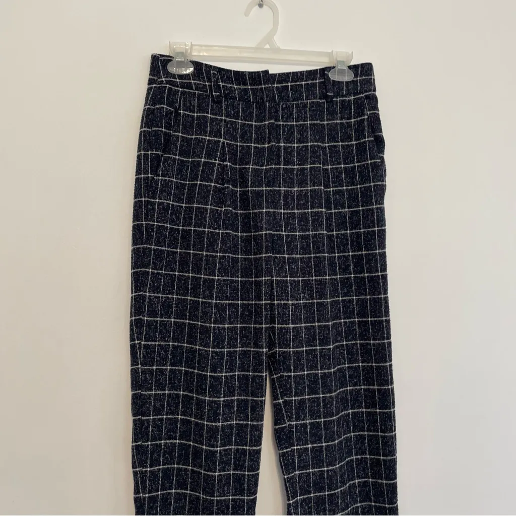 FRNCH PARIS Navy Blue Windowpane Grid Crop Cropped Tapered Leg Pants Trousers S - Image 7