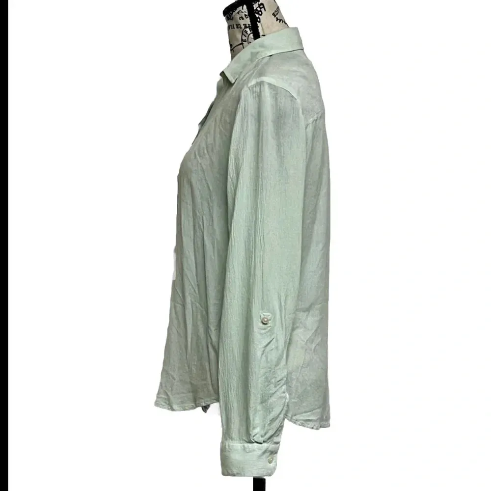 Ann Taylor Mint Green Button Up Semi Sheer Blouse Casual Modest Mature Womens S - Image 3