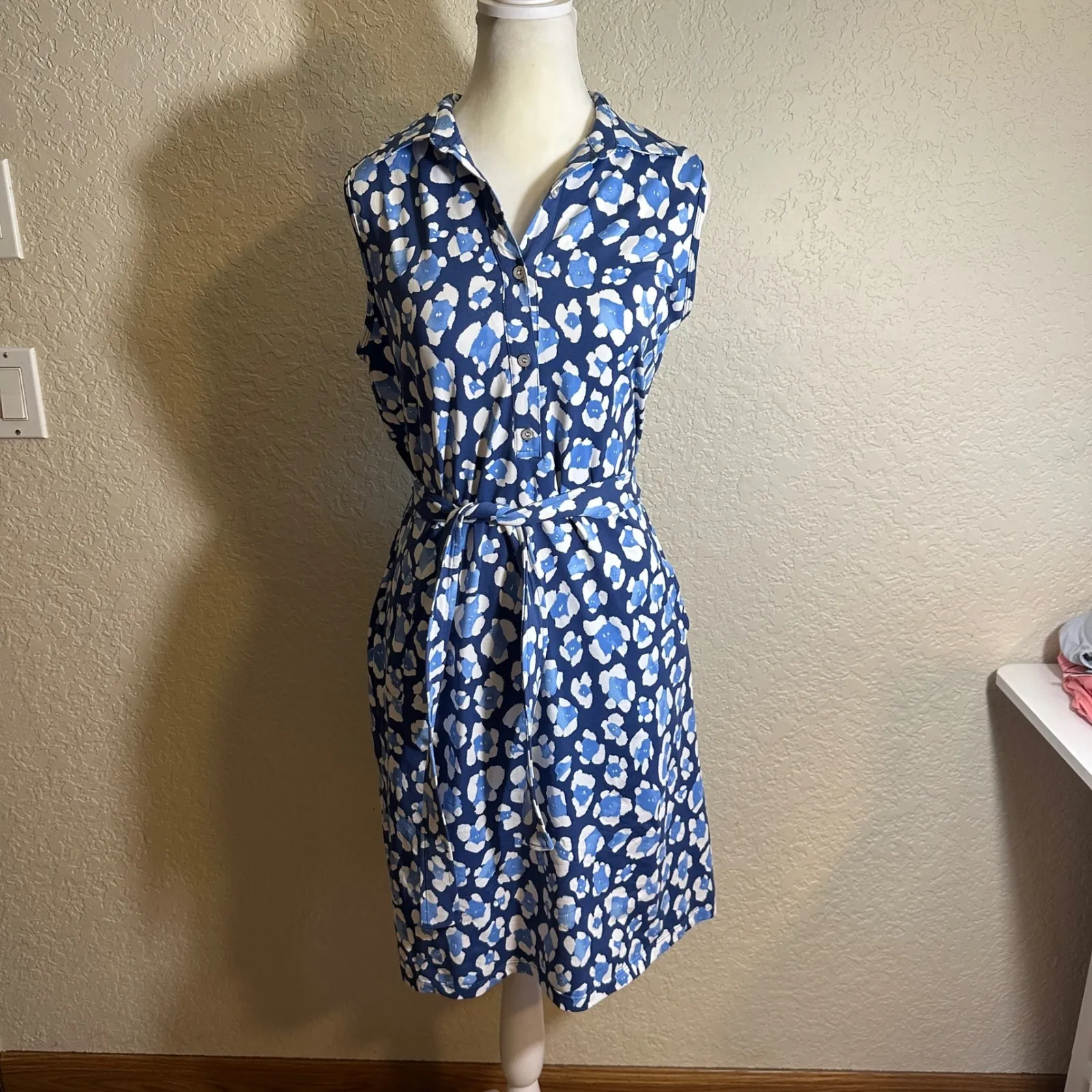 J McLaughlin Womens Blue Leopard Print Sleeveless Shirt Dress Size  M Tie Waist - Image 10