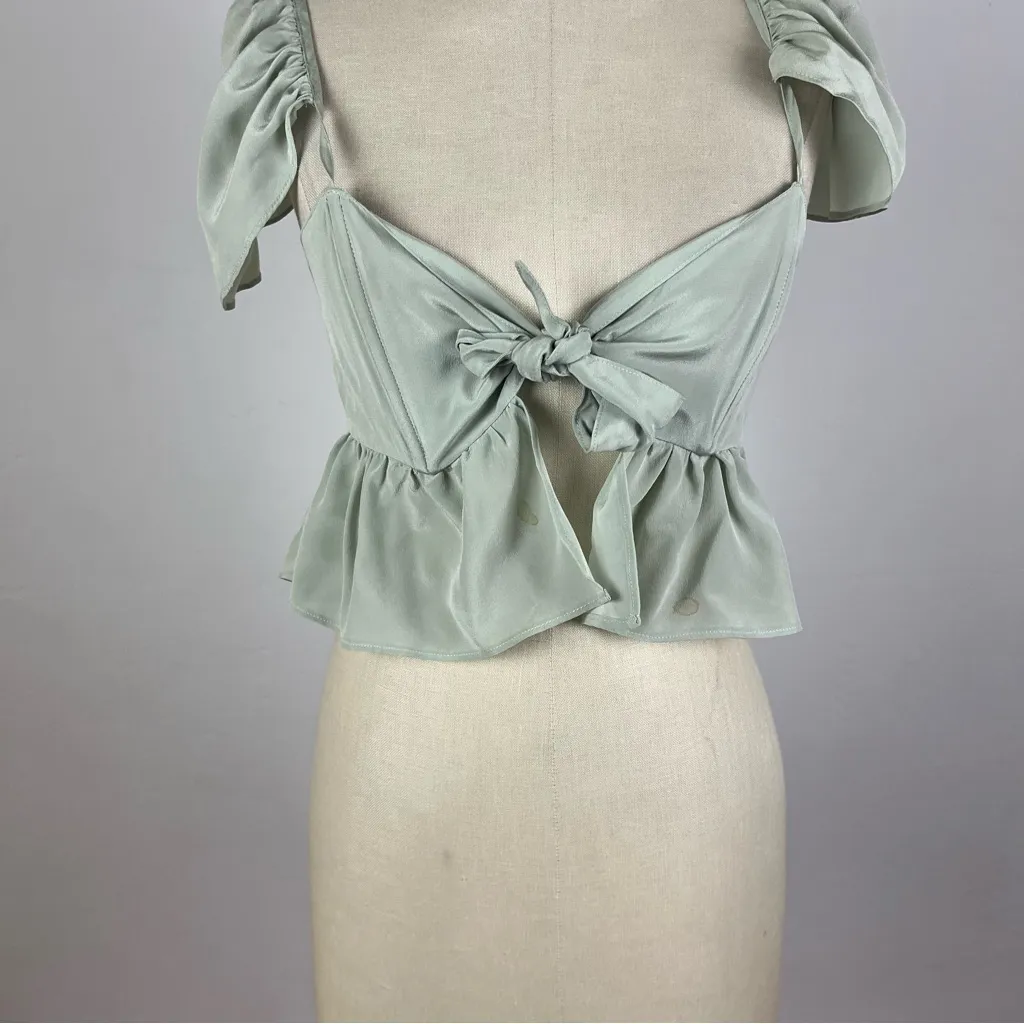 Stone Cold Fox Sage Green Silk Ruffle Tie Crop Top - Image 6