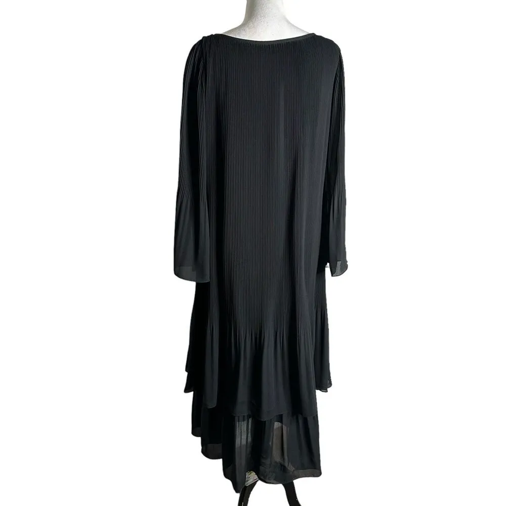 Adrienne Vittadini Black Tiered Midi Dress Pleated Bell Sleeves‎ Size 10 Ribbed - Image 4