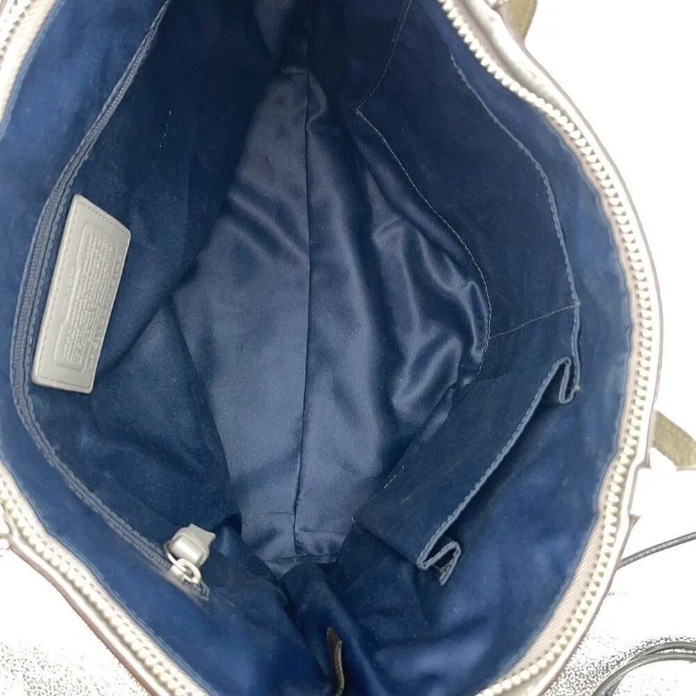 Coach Womens Gross Grain Patent Leather Stitch Tote Shoulder Bag Green Gray Medi - Image 6