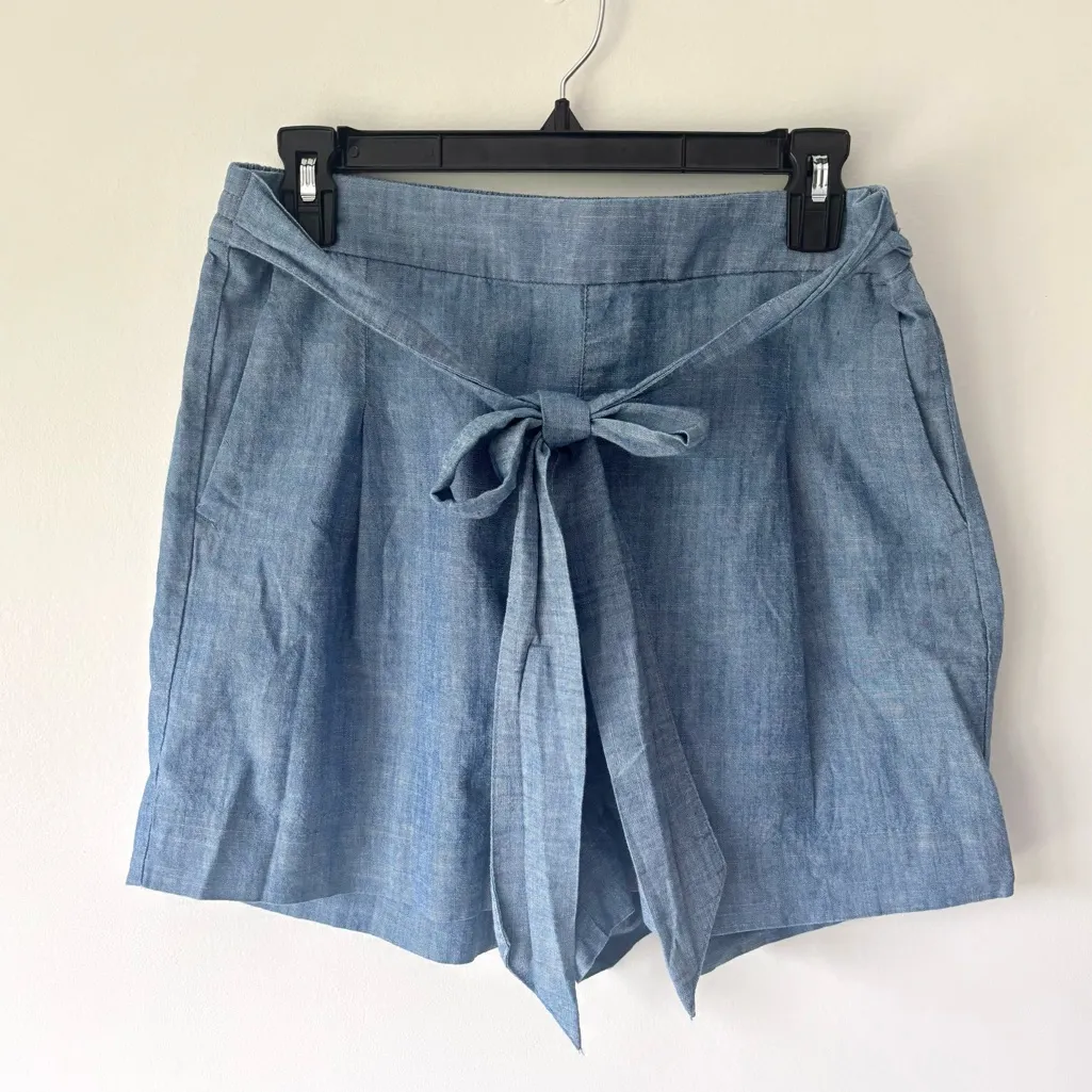 J. Crew Tie Waist Shorts Chambray Cotton Blue Denim Preppy  High Waist - Image 3