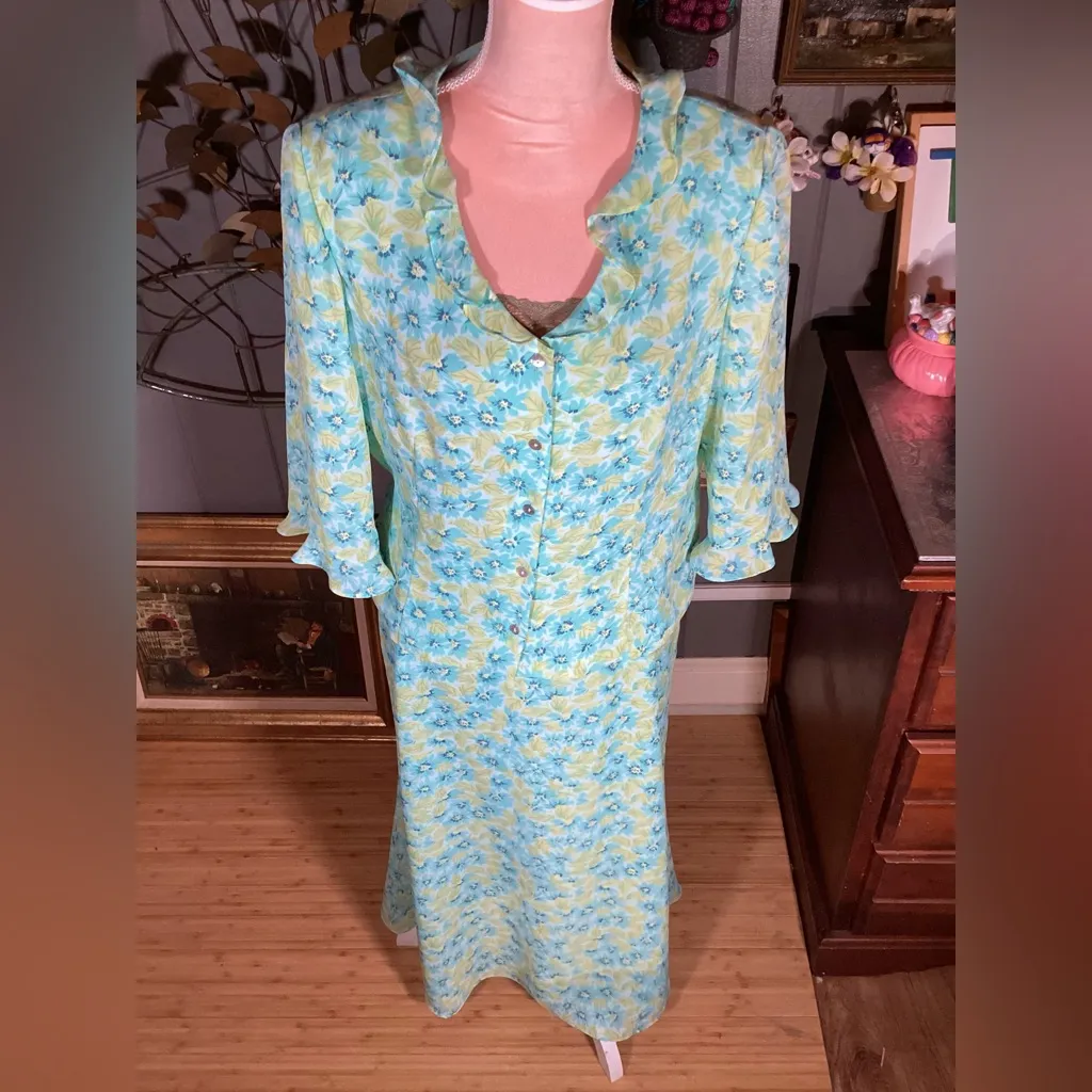 Vintage 2 Piece Lime/Teal Floral Cynthia Howie for Maggy Boutique Flutter 14 Green - Image 4