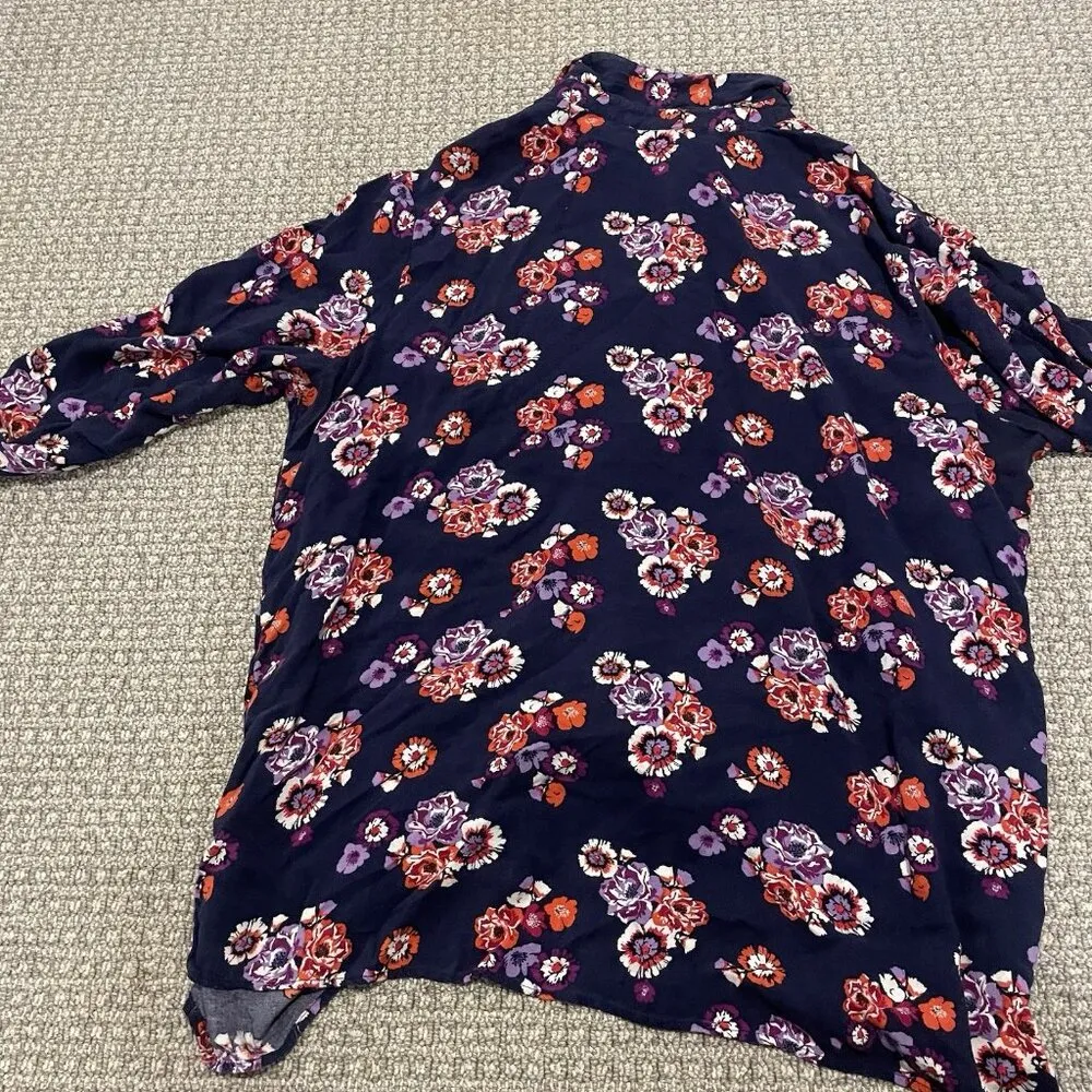 WOMAN WITHIN Shirt Womens Sz 1X Plus Button Up Floral Navy Blue Red Blouse Rayon - Image 3