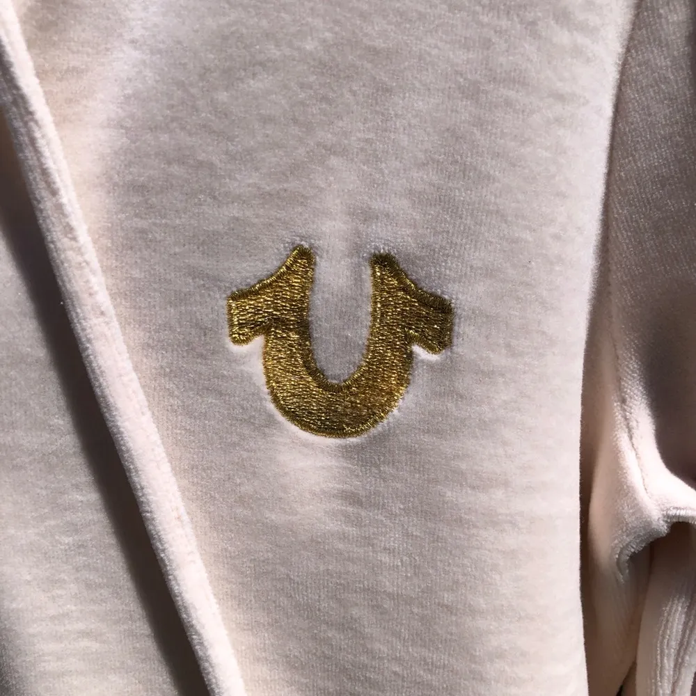 velour Cream Full zip up hoodie Sweatshirt M - Image 3