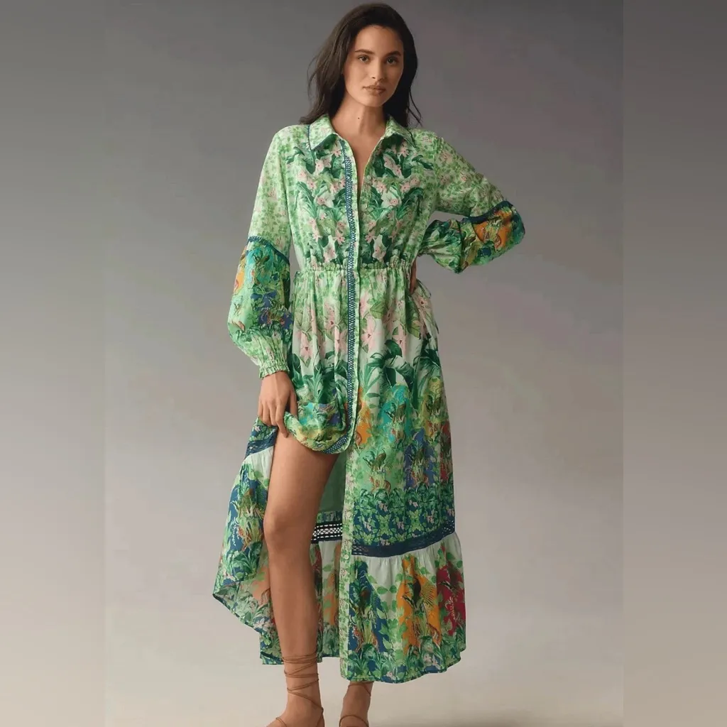Anthropologie Long-Sleeve Printed Maxi Shirt Dress Jungle Print - Image 2