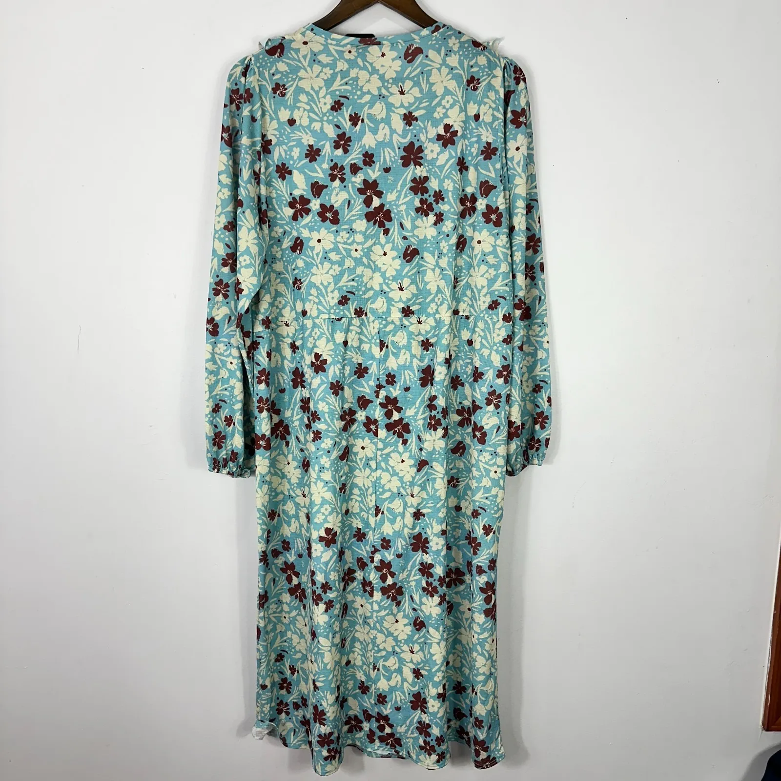 Zara Blue Floral Midi Dress Women Large Long Sleeve Peasant Prairie Boho Cottage - Image 3
