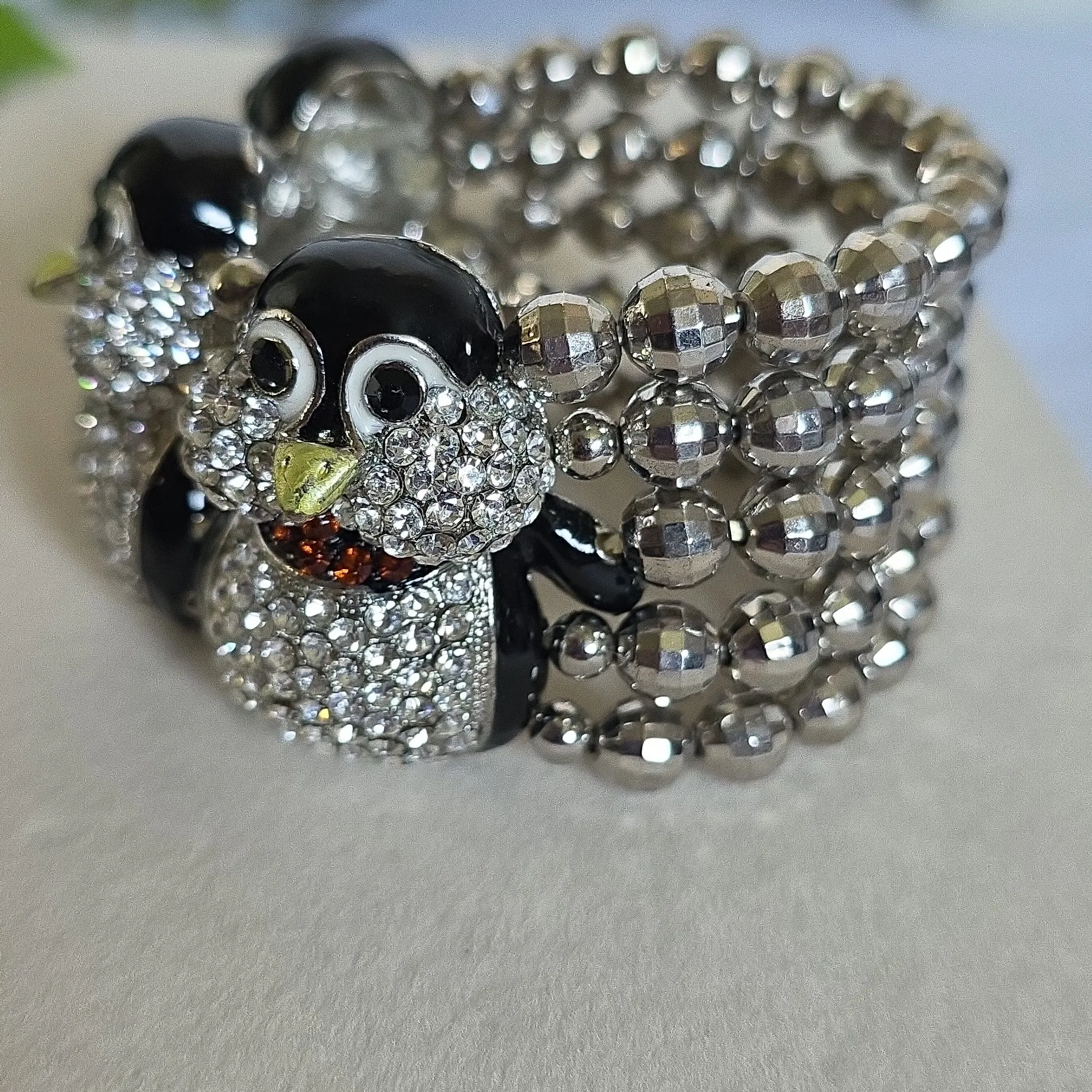 Silver Statement Bracelet Rhinestone Black Enamel Penguins - Image 5