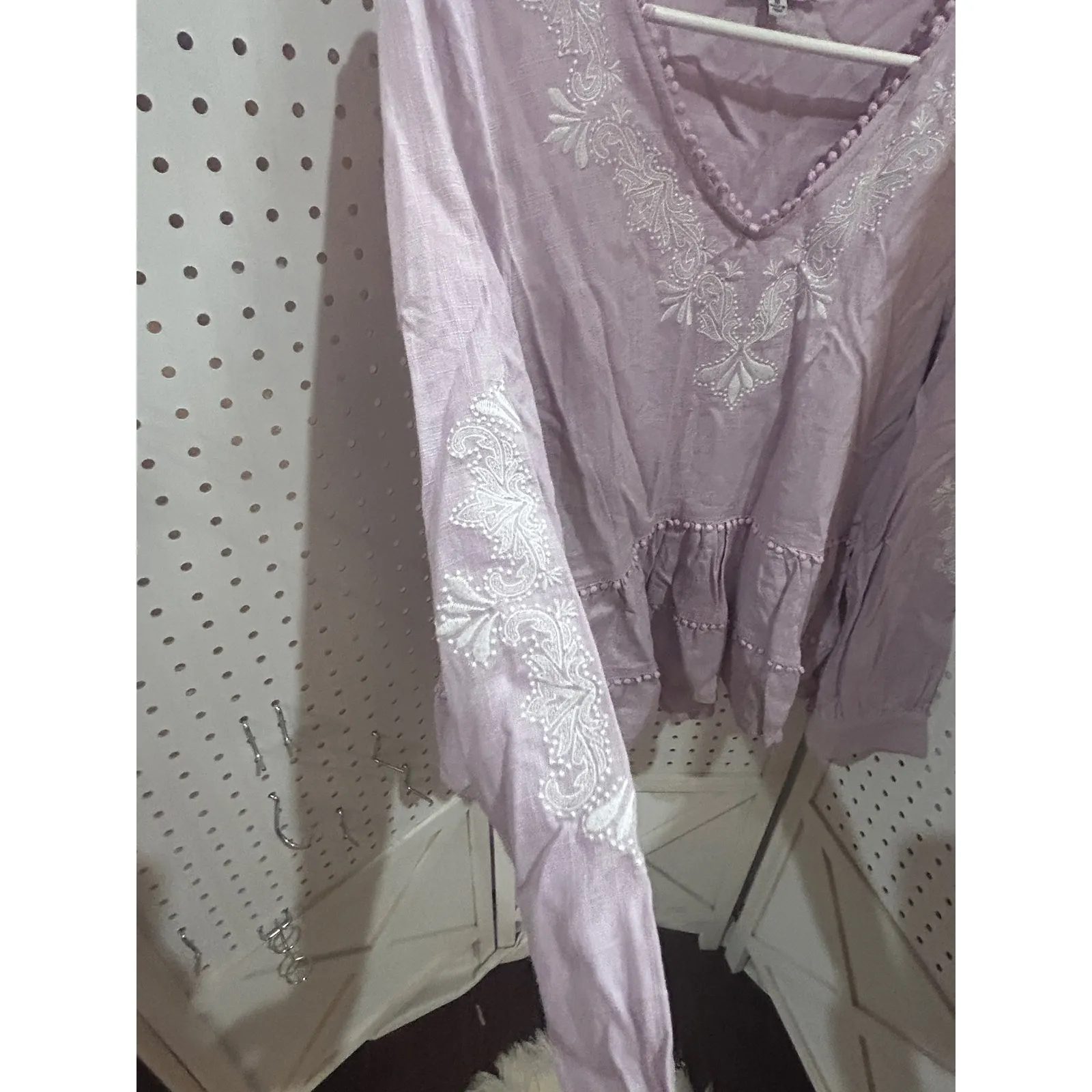 Fate Embroidered Peasant Tunic Top Lavender V Neck Tiered Ruffle Pom Pom M Linen Purple Size M - Image 2