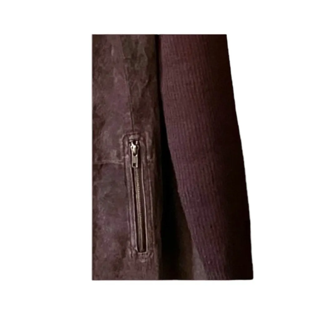 Genuine, brown leather suede jacket with knitted sleeves. Size 18 W. - Image 4