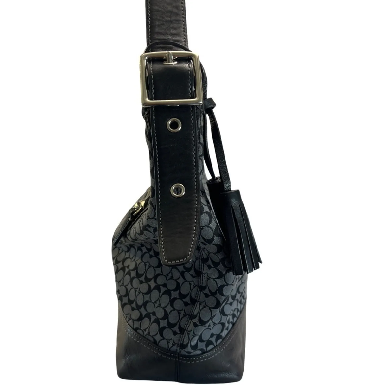 Coach Legacy Stripe Duffle Shoulder Bag Black Gray Signature Canvas Leather Trim - Image 6