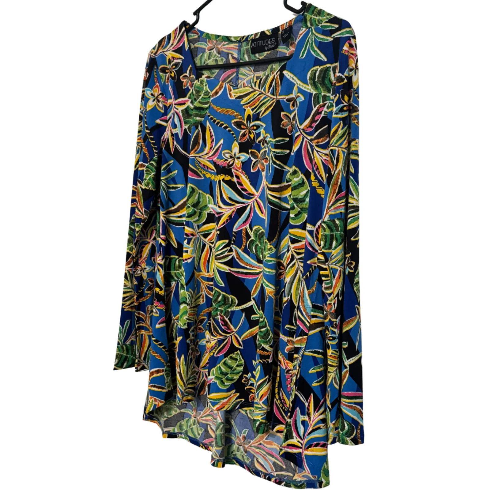 ATTITUDES BY RENEE Tropical Print Knit Swing Tunic Long Sleeve High Low NWT XS Black - Image 4