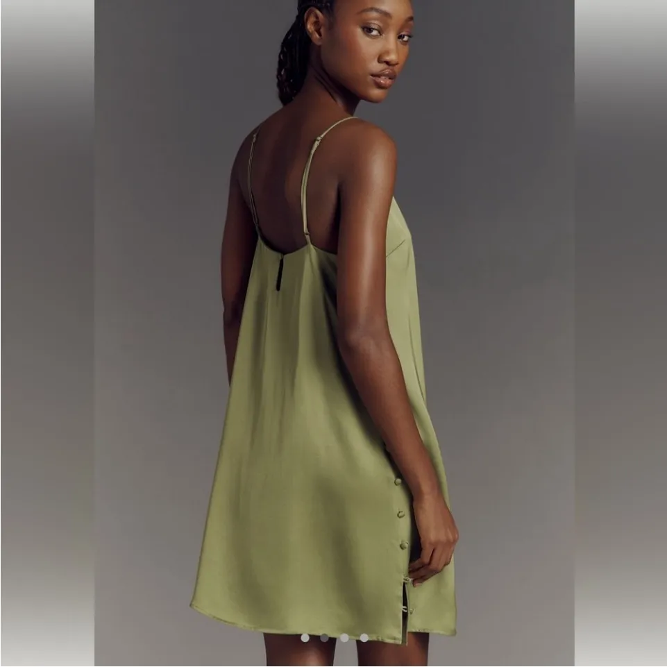 By Anthropologie V-Neck Mini Slip Dress chartreuse satin 128 button up party S - Image 3