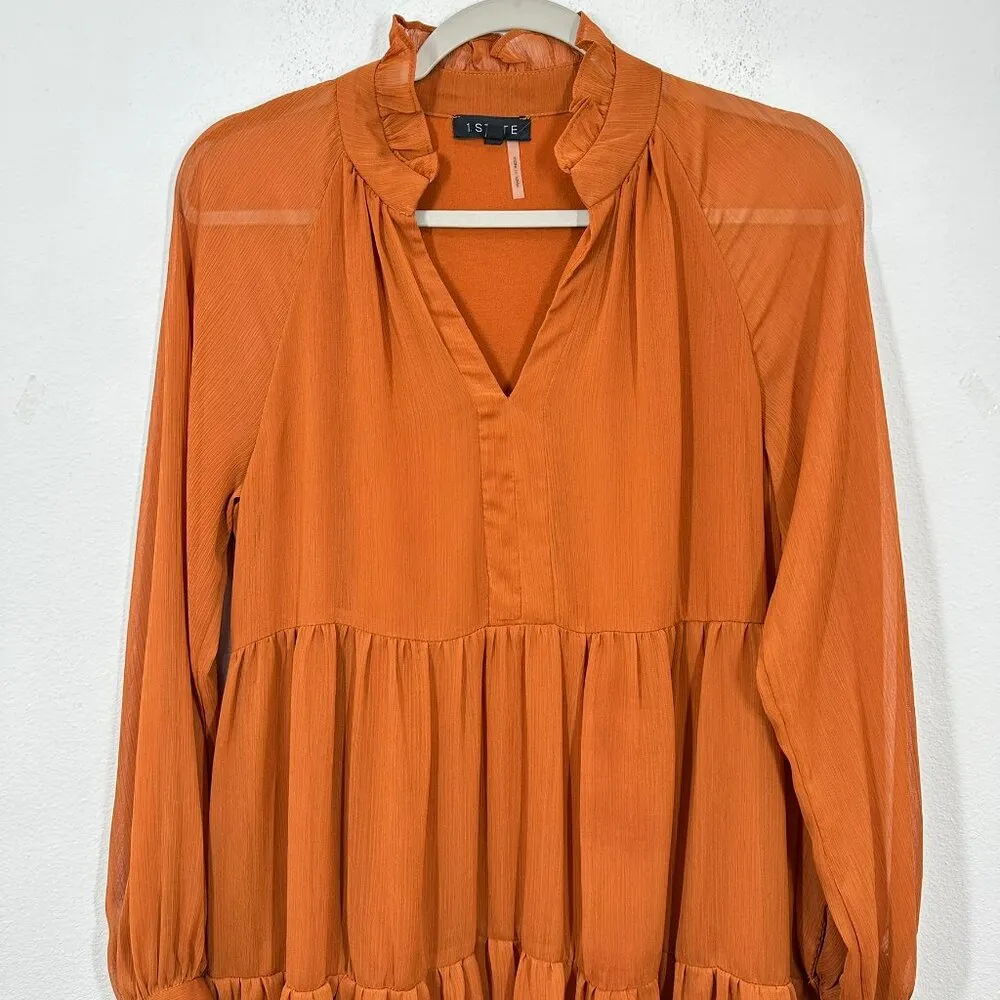1.State Pumpkin Spice Orange‎ Sheer Sleeve Mini Dress Size Small Fall Wedding - Image 2