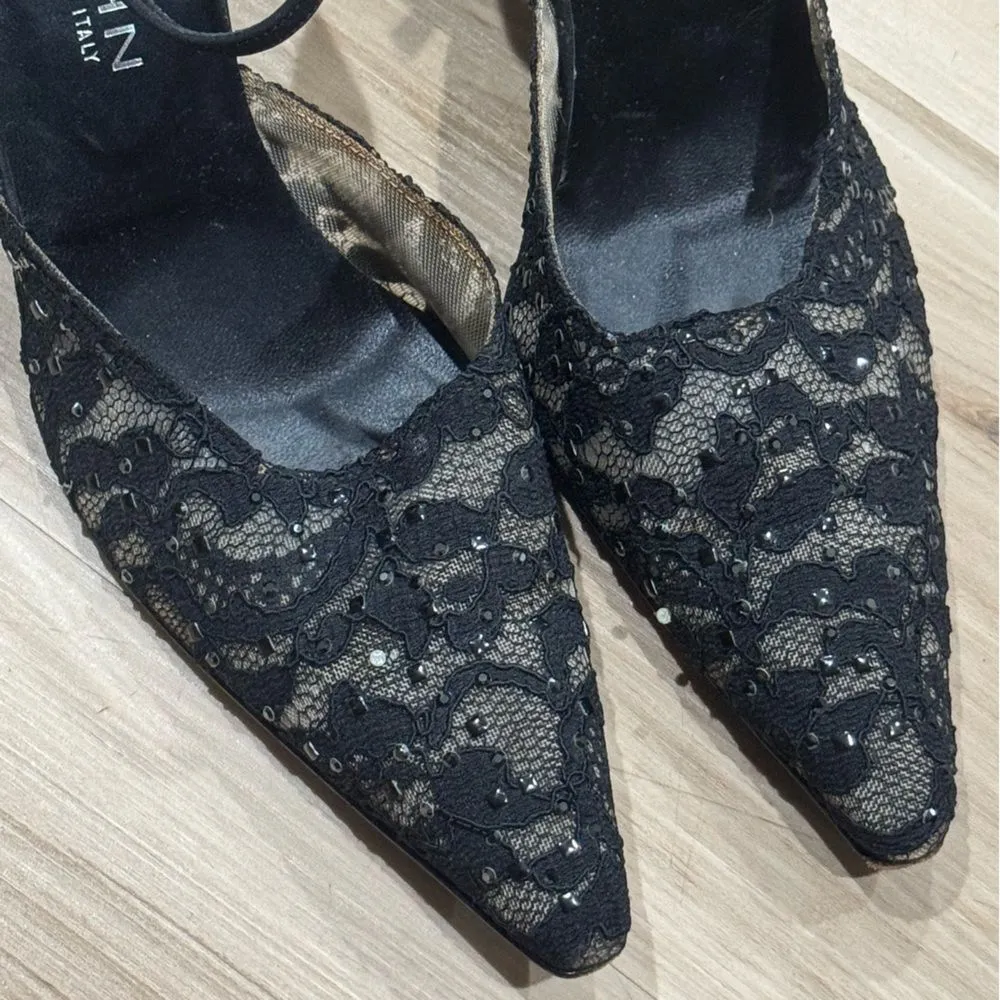 St John Italian Pumps Pointed Toe Kitten Heels Black Lace Sparkle Women’s 8.5 - Image 2