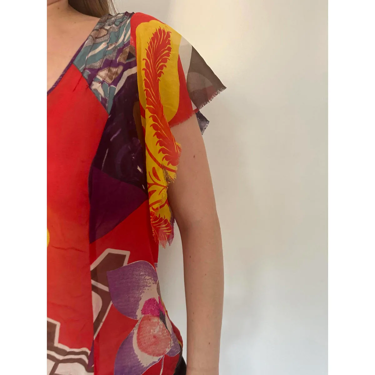 Christian Lacroiz Sheer Abstract Graphic Short Sleeve Silk Blouse - Image 2