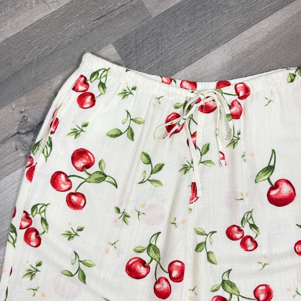 Angel Kiss Cherries Print Linen Blend Wide Leg Palazzo Pants Cream Red Large - Image 4