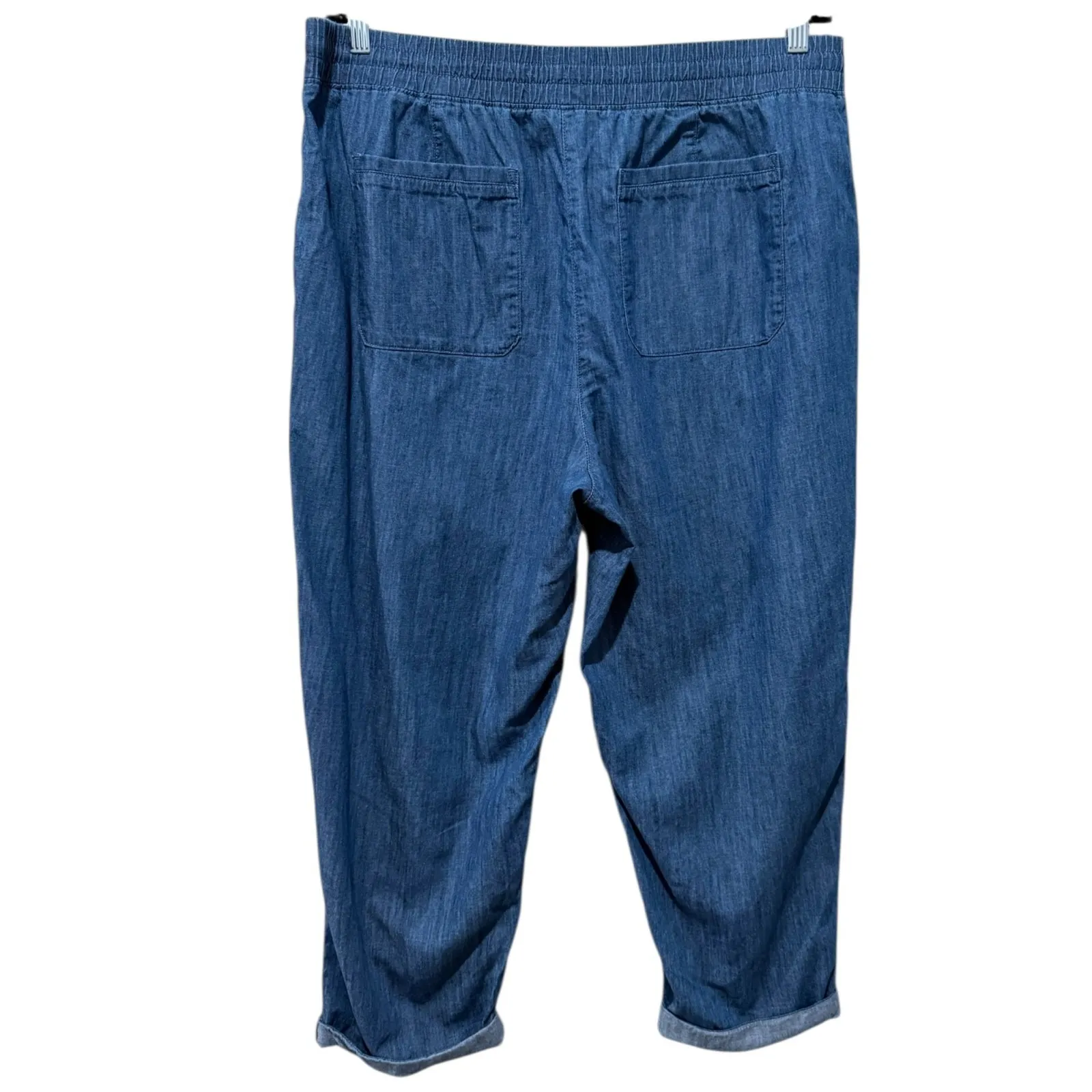 Talbots Womens Pull On Chambray Pants XL Blue Cotton Drawstring Casual Cropped - Image 2