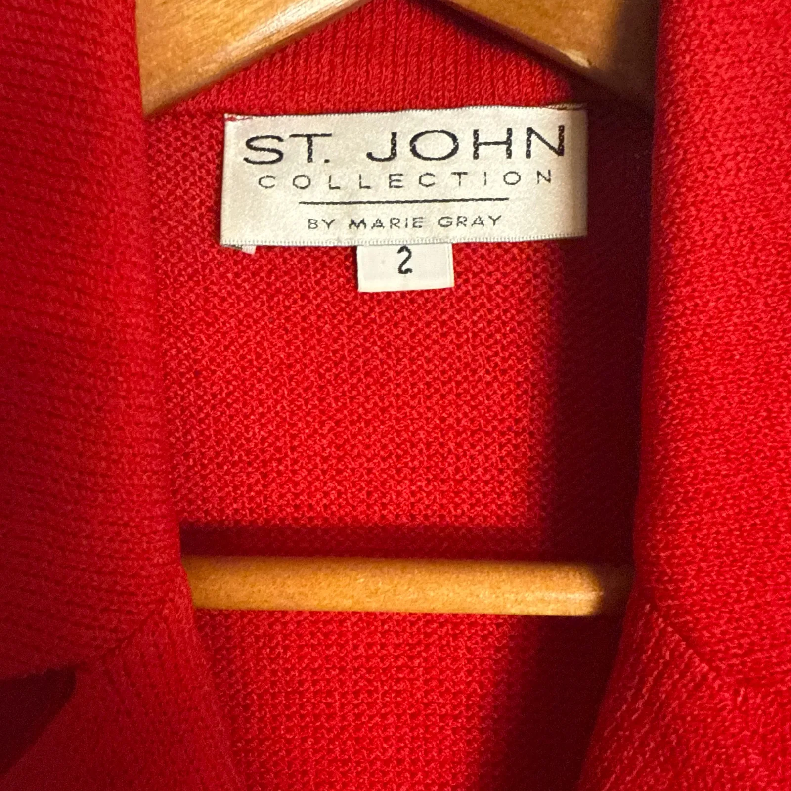 St. John Collection Red Knit Gold Stripe Trim Notch Collar Button Front Jacket 2 - Image 11