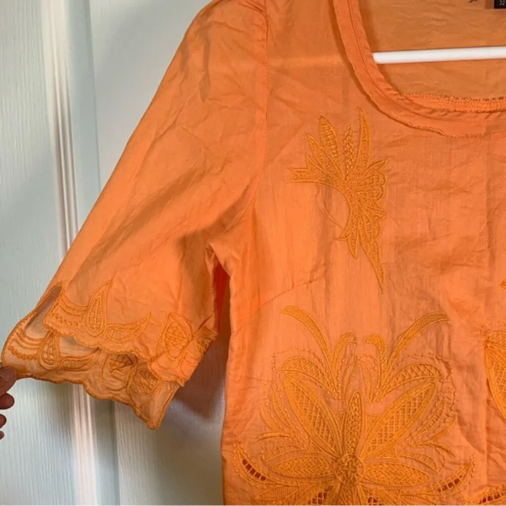 Massimo Dutti Spring Summer Orange Embroidered Lightweight Blouse Size Med EUC - Image 5