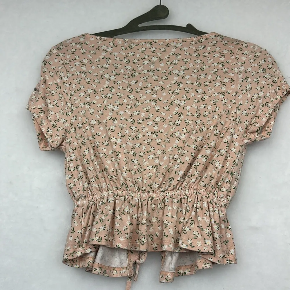 Womens Floral Print Peplum Pink Crop Top Tie Front Sz S Short Sleeves - Image 5