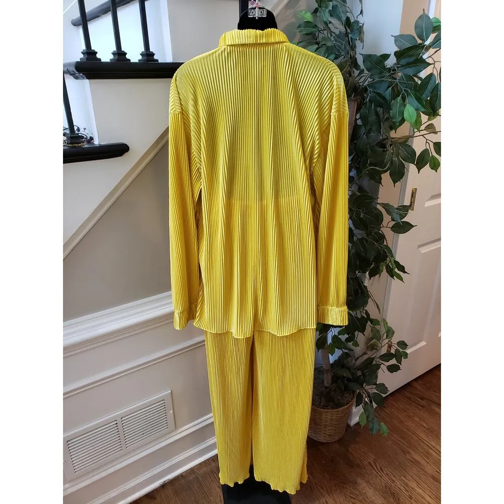 Yellow Pleated Lounge Set XL Button Top Wide Leg Pants 2 - Image 8