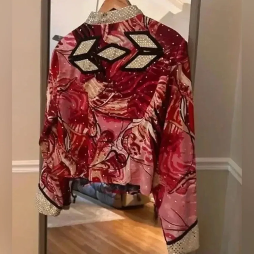 Vintage Bedazzled Bomber Jacket Red Black Rhinestone Sequin - Image 2