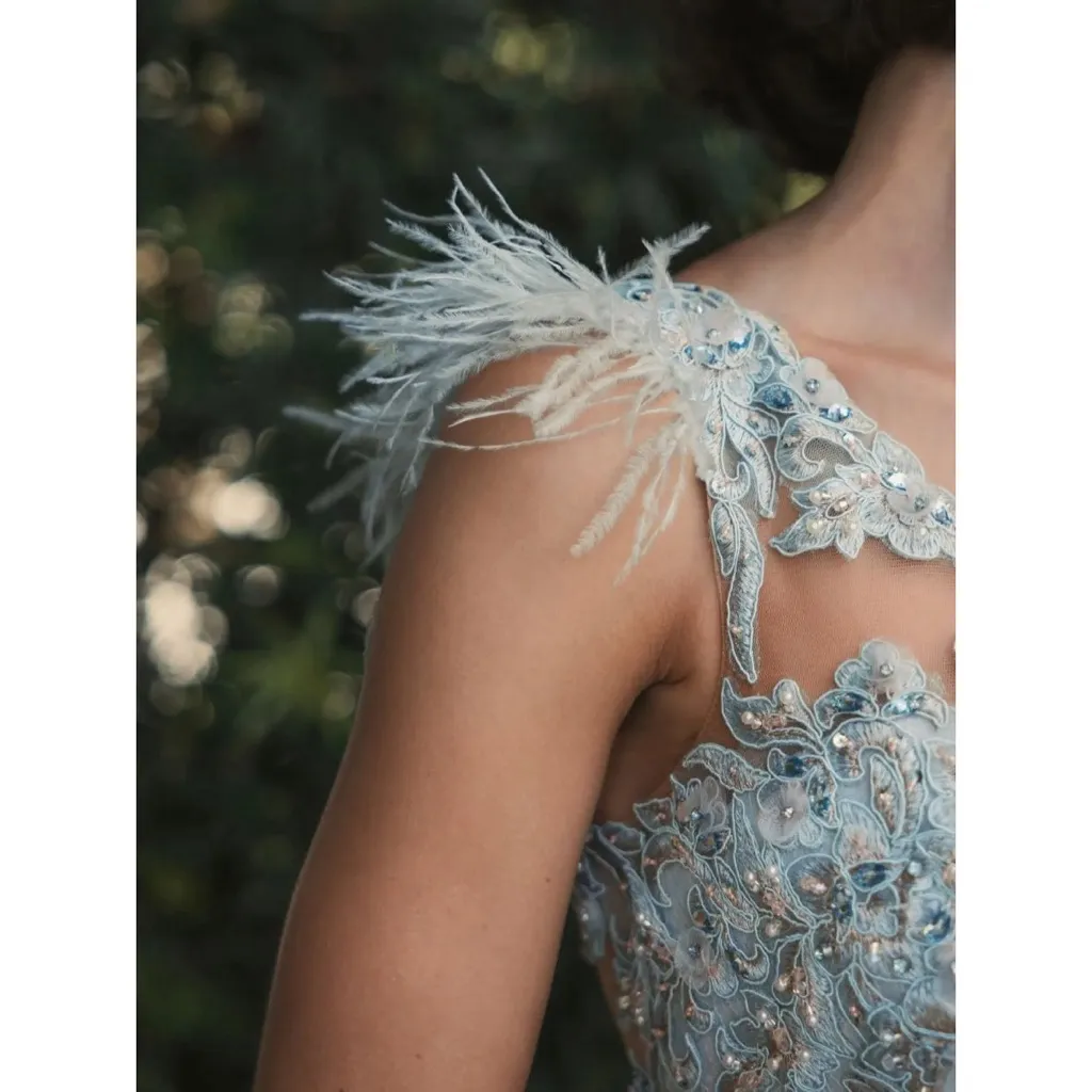 NEW Mac Duggal Embroidered Applique Feathered One Shoulder Trumpet Gown Size 16 - Image 5