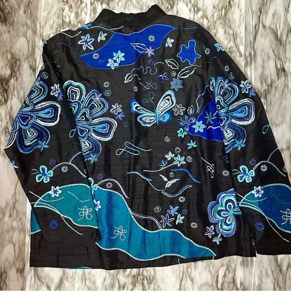 Laura Ashley Womens Sz XL Silk Black And Blue Reef Embroidered Butterfly Jacket - Image 6