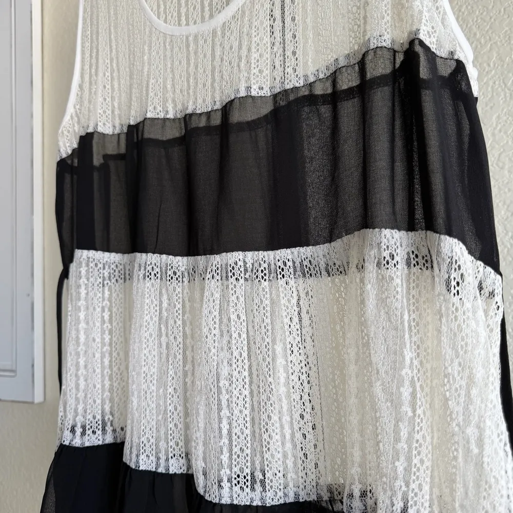 Romantic Lace Stripe Tunic Black White Sheer Babydoll Grunge Chic Top Size Large - Image 9