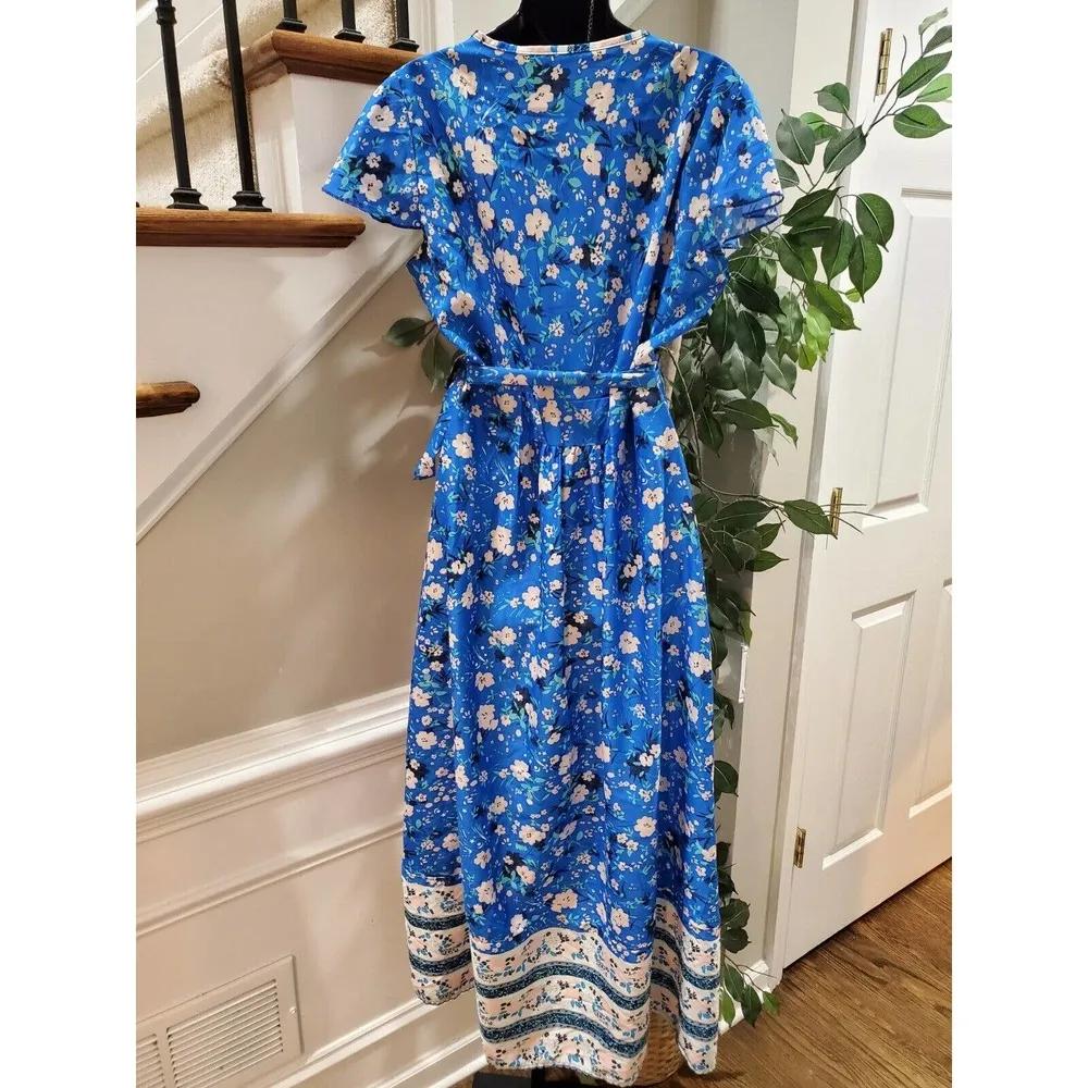 Womens Multi Floral Cotton Wrap V Neck Casual Short Sleeve Long Maxi Dress M Size M - Image 6