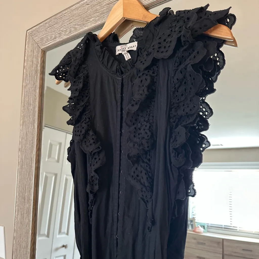 Apiece Apart Women’s Eyelet Ruffle Sleeve Black Jumpsuit Cotton Size 6 Medium - Image 2