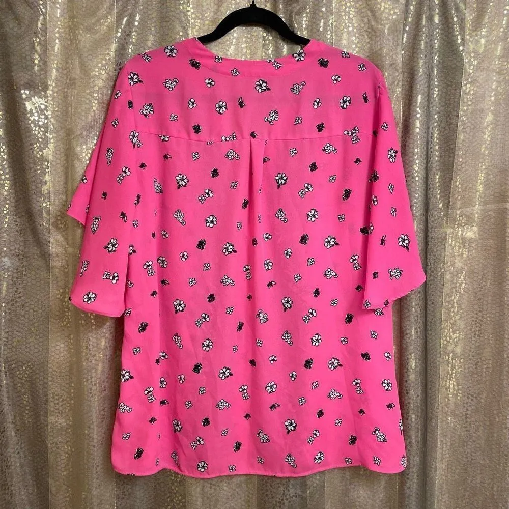 Express Bright Neon Hot Pink Black Floral Blouse, Large - Image 2